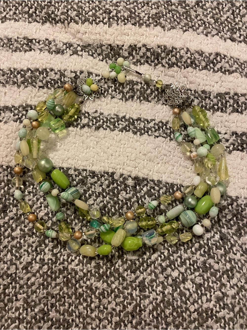 Vintage Japan 4 Strand Green Glass Bead Choker Necklace Mid Century